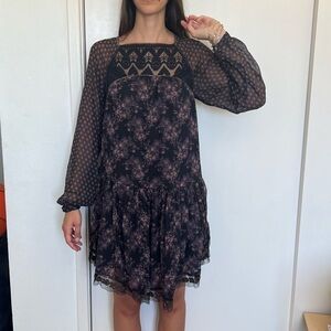 Free People Flowy Black Drop Waist Floral Dress